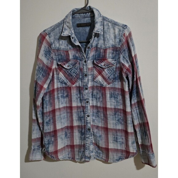 Pull & Bear Women's Small Plaid Western Button Up Flannel Lined Shirt Top Denim - Picture 1 of 16